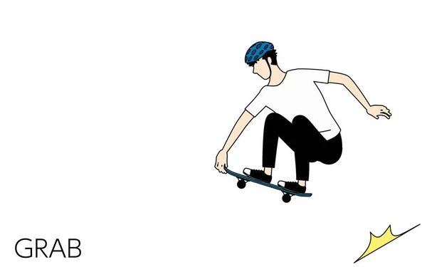 Skateboarding Chytit Typ Trik Muž Popadl Palubu Rukama Létání — Stockový vektor