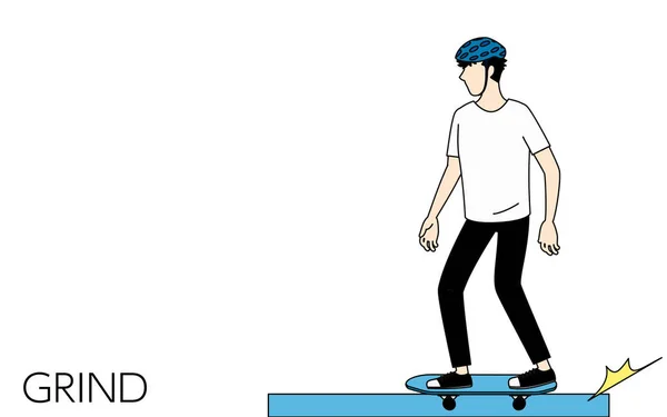 Skateboarden Grind Achtige Truc Man Glijden Van Een Stoeprand — Stockvector