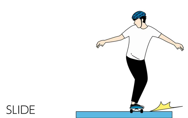 Skateboarding Grind Type Trik Muž Klouže Obrubníku — Stockový vektor