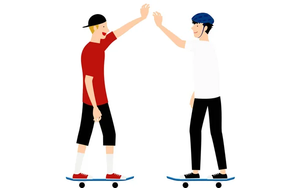 Man High Fives Another Skater While Skateboarding — Stock Vector