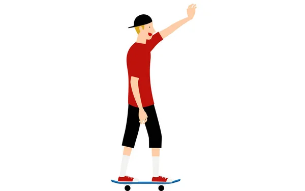 Мужчина Поднимает Руки Приветствии Время Езды Скейтборде — стоковый вектор