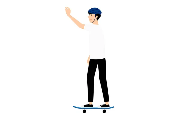 Uomo Alza Braccia Nel Saluto Mentre Guida Uno Skateboard — Vettoriale Stock