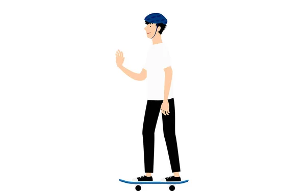 スケートボードに乗っている間に彼の腕の小さな上昇で人々を迎える男 — ストックベクタ