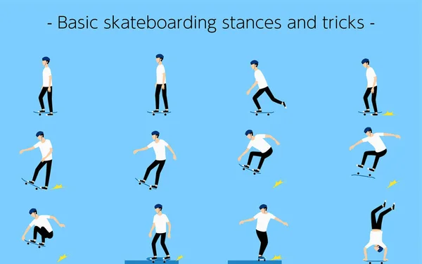 Posturas Trucos Básicos Skate — Vector de stock