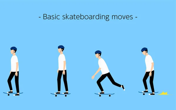 Basic Skateboarding Movements Riding Standing Kicking Stopping — Stock Vector