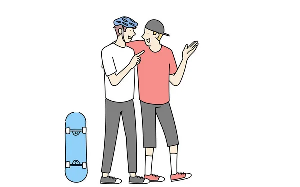 Skateboarders Twee Mannen Die Schouder Aan Schouder Praten — Stockvector