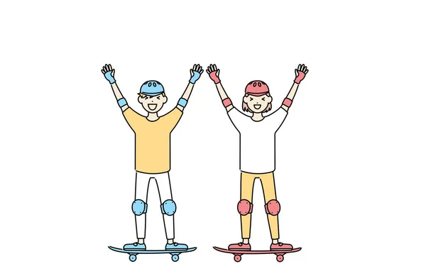 Patinadores Niños Niñas Sonrientes Levantando Las Manos — Vector de stock