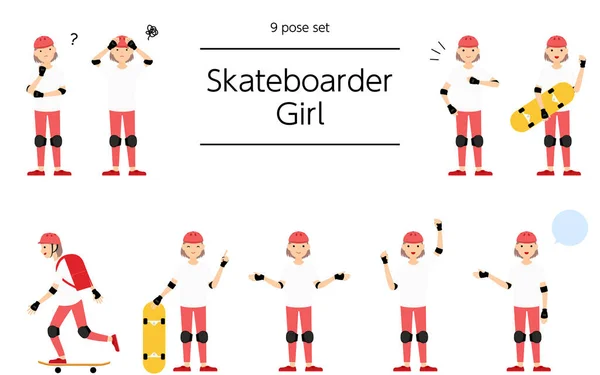 Conjuntos Pessoas Posa Skater Girl —  Vetores de Stock