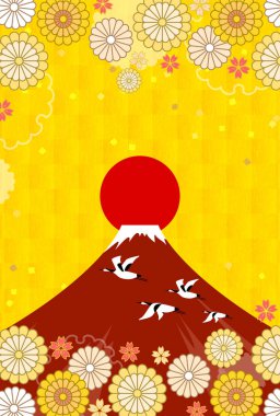 Yeni yıl kartı, turna, kırmızı Fuji ve erik çiçeği, 2022