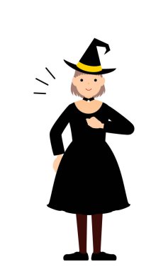 Cadılar Bayramı kostümü, göğsüne vuran cadı kılığındaki bir kızın pozu.