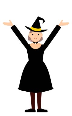 Cadılar Bayramı kostümü, cadı pozu ve kolları havada bir kız.