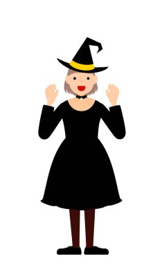 Cadılar Bayramı kostümü, cadı gibi giyinmiş bir kız ellerini kaldırıp sürpriz bir poz veriyor.