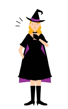 Cadılar Bayramı kostümü, cadı gibi giyinmiş bir kadın göğsünü tokatlıyor, bana bırak.