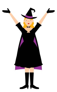 Cadılar Bayramı kostümü, cadı pozu ve kolları havada bir kadın.