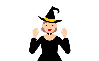 Cadılar Bayramı kostümü, cadı gibi giyinmiş bir kız ellerini kaldırıp sürpriz bir poz veriyor.