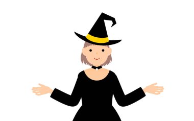 Cadılar Bayramı kostümü, cadı gibi giyinmiş bir kız kollarını kaldırıyor.