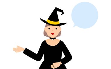 Cadılar Bayramı kostümü, cadı gibi giyinmiş sağ eliyle konuşan bir kız.)