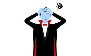 Cadılar Bayramı kostümü, başı belada olan vampir kılığına girmiş bir adamın pozu.