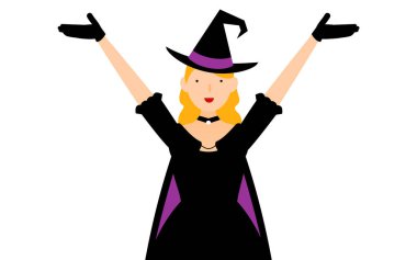 Cadılar Bayramı kostümü, cadı pozu ve kolları havada bir kadın.