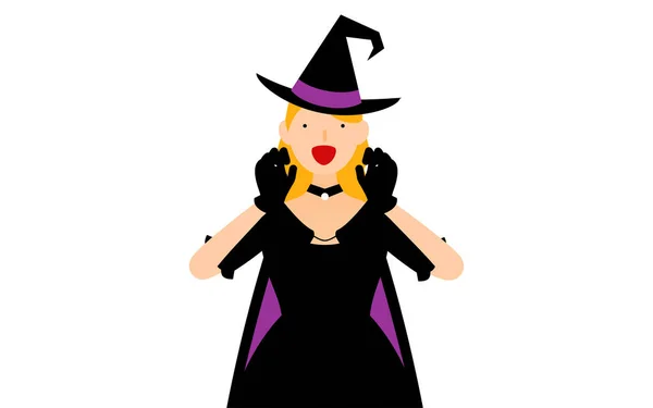 Traje Halloween Mujer Vestida Como Una Bruja Sosteniendo Sus Manos — Vector de stock