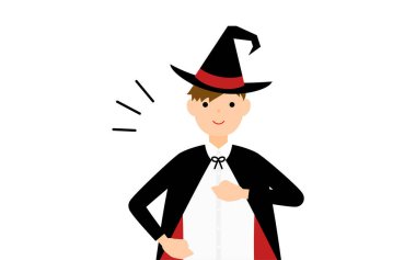 Cadılar Bayramı kostümü, büyücü kostümlü çocuk göğsünü yumrukluyor. Bana bırak.