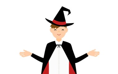 Cadılar Bayramı kostümü, büyücü kostümlü çocuk kollarını kaldırıyor.