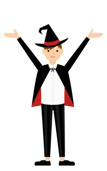 Halloween Costume Boy Wizard Costume Raising His Arms — Stock Vector