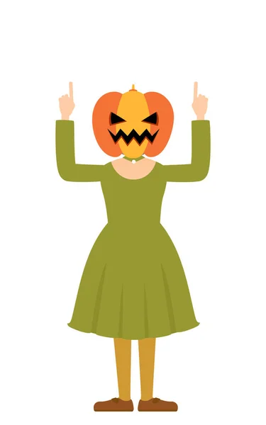 Traje Halloween Uma Menina Traje Fantasma Abóbora Posa Apontando Com — Vetor de Stock