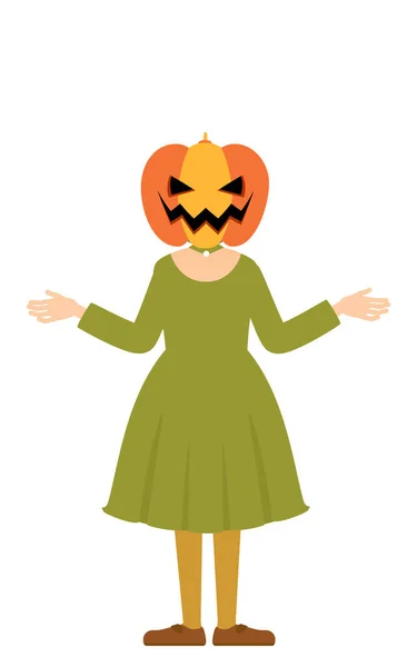 Halloween Kostium Dziewczyna Stroju Ducha Dyni Pozuje Wyciągniętymi Ramionami — Wektor stockowy