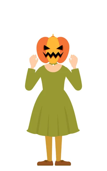 Traje Halloween Una Chica Con Disfraz Fantasma Calabaza Posa Con — Vector de stock