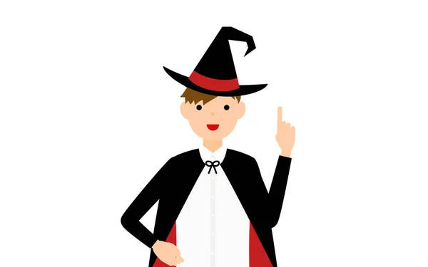 Halloween Costume Boy Wizard Costume Pointing — Stock Vector