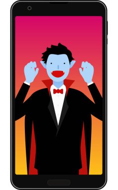 Drakula gibi giyinmiş bir adam telefonunda Cadılar Bayramı partisi veriyor..