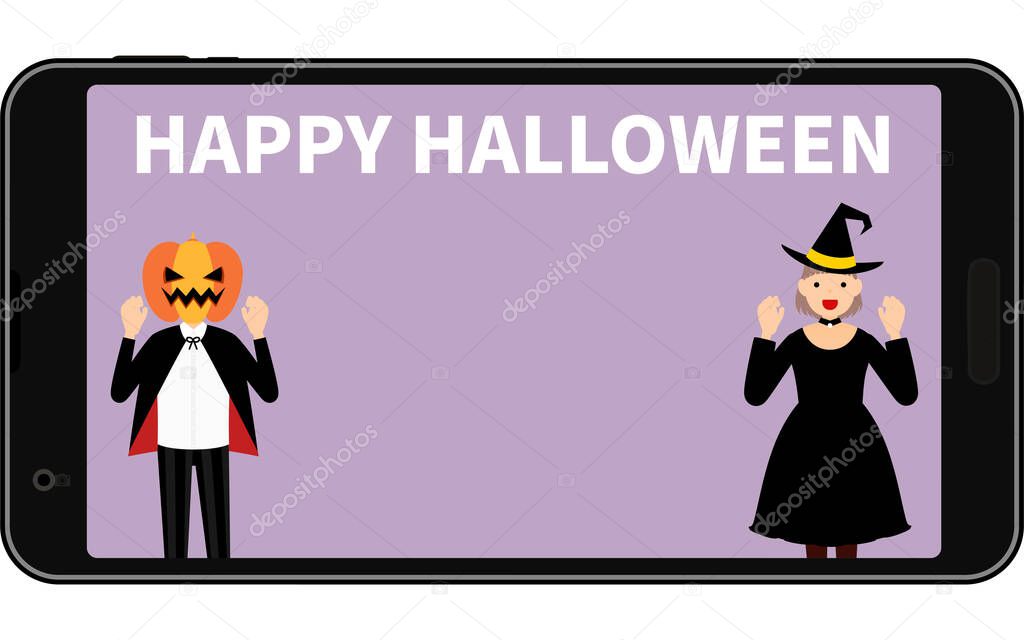 Online Halloween party, jack-o-lanterns and witches on your phone