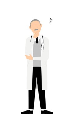 Beyaz önlüklü kıdemli erkek doktor kollarını kavuşturup sorguluyor.