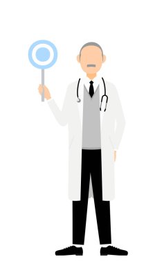 Beyaz önlüklü kıdemli erkek doktor daire çubuğu tutuyor, cevap ver.