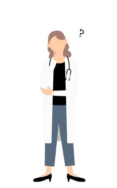 Kollarını kavuşturup sorgulayan beyaz önlüklü kadın doktor.