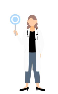 Beyaz önlüklü kadın doktor elinde daire çubuğu, aynı poz.