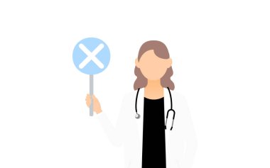 Beyaz önlüklü kadın doktor, elinde çapraz çizgili bir sopa var. Aynı poz.