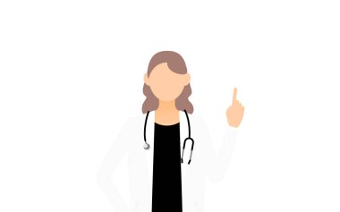 Beyaz önlüklü kadın doktor işaret parmağıyla işaret ediyor.