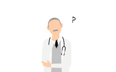 Beyaz önlüklü kıdemli erkek doktor kollarını kavuşturup sorguluyor.