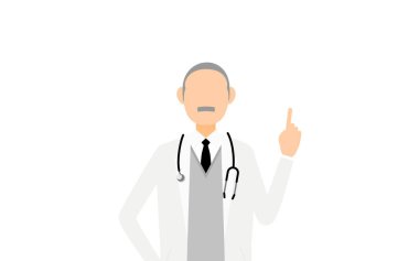 Beyaz önlüklü kıdemli erkek doktor işaret parmağıyla işaret ediyor.