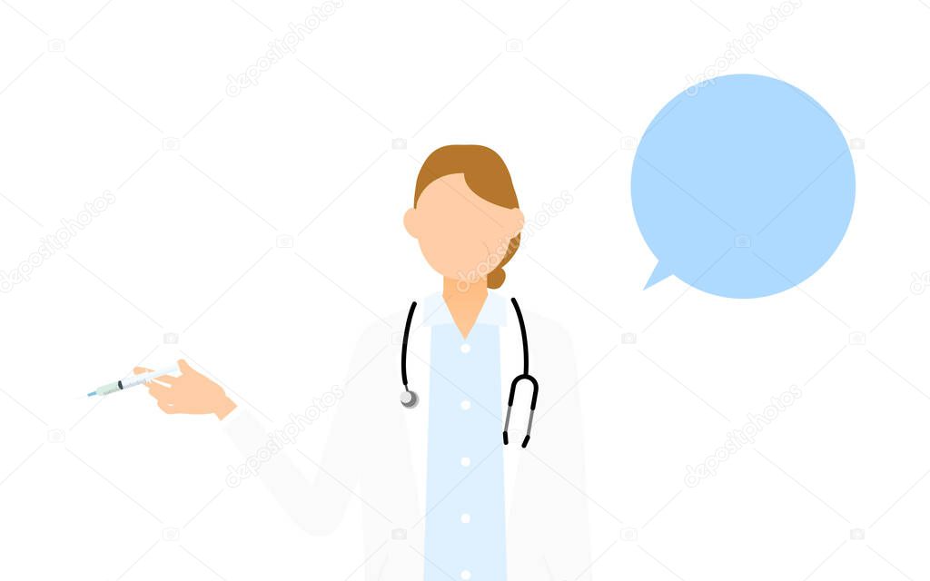 Senior female doctor in white coat holding syringe, vaccination pose (with speech bubble)