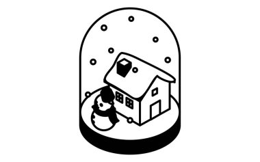 Karlı bir evi ve kardan adamı olan kar küresi, kışlık cam kubbe süsü, Noel süsü, izometrik çizim tarzı, siyah beyaz, vektör ilüstrasyonu.