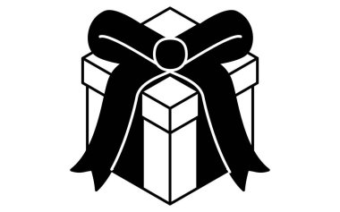 Asılı kurdeleli hediye kutusu, Noel için dekoratif ambalaj, izometrik çizgi çizimi, siyah beyaz, Vektör İllüstrasyonu