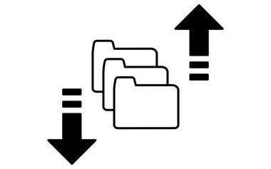 Dosya dizinlerinin satır çizimi simgeleri ve gönderme / indirme işaretleri, siyah ve beyaz, Vektör İllüstrasyonu