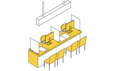Bir devlet dairesinde ya da bankada bölümlerle ayrılmış bir resepsiyonist danışma tezgahının izometrik çizimi, Vector Illustration