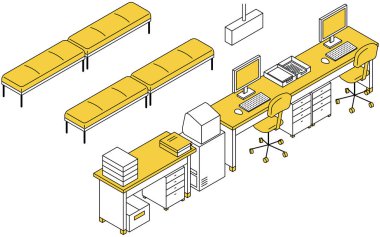 Bilgisayarlar ve belgelerle dolu bir resepsiyon tezgahının izometrik çizimi, vektör illüstrasyonu.