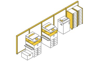Bölünmüş ofis fotokopi odasının izometrik çizimi, Vektör İllüstrasyonu