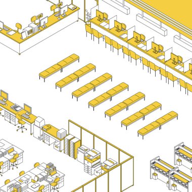 Bir postanede ya da devlet dairesinde form doldurmak için bir masanın izometrik çizimi, Vector Illustration