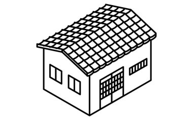 Gayrimenkul Satın Alma: Kullanılmış Ev 'in Isometric Çizimi, siyah beyaz, Vektör İllüstrasyonu